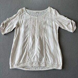 Lina Tomei Womens L 100% Linen Blouse Made Italy Lace Boho Tunic Top Cream Beach